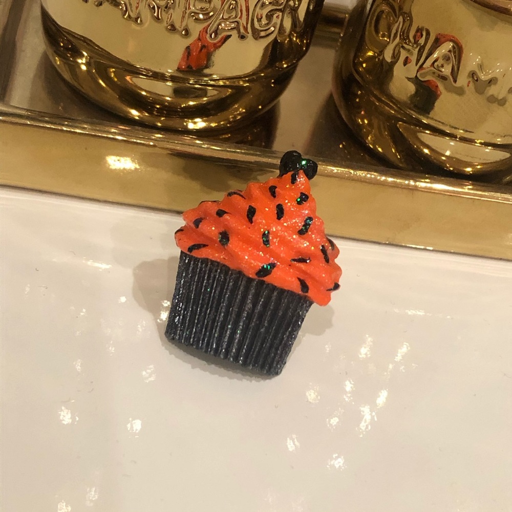 Ritzee Rebel Halloween Orange Cupcake Hand Painted Resin Pin